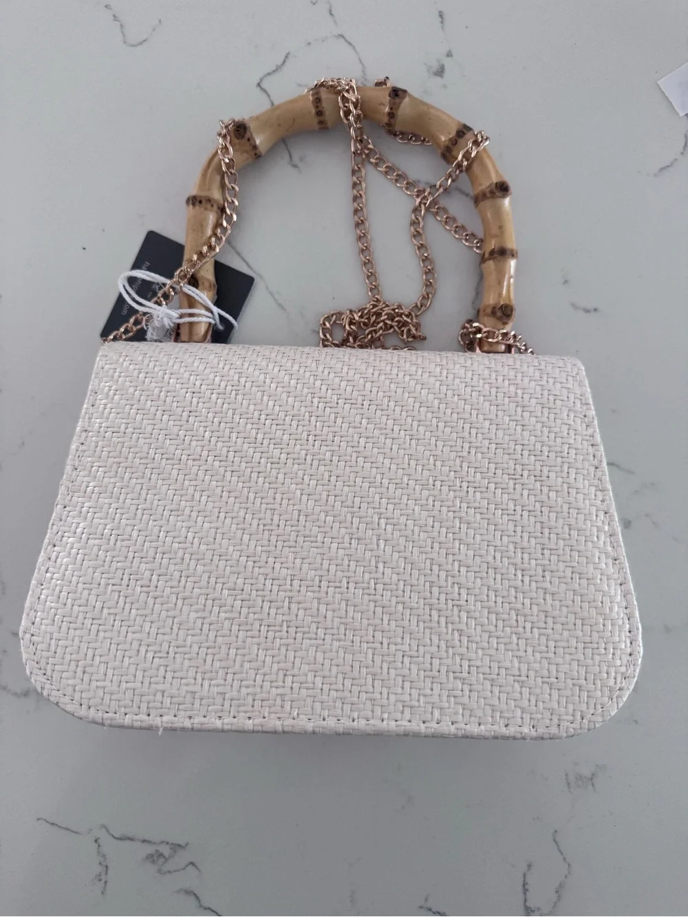NWT Haute Hippie Floral Woven Bamboo Handle Crossbody Bag Cream - Picture 2 of 5